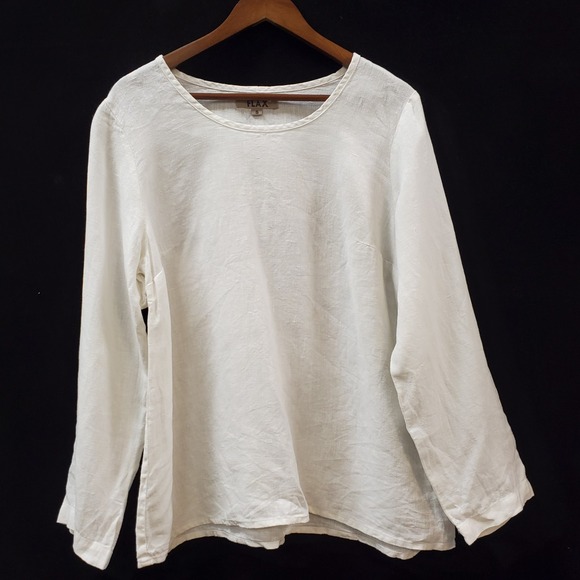 Flax Tops - Flax Womens Lagenlook Long Sleeve Linen Top Size S White Coastal Beach Nautical